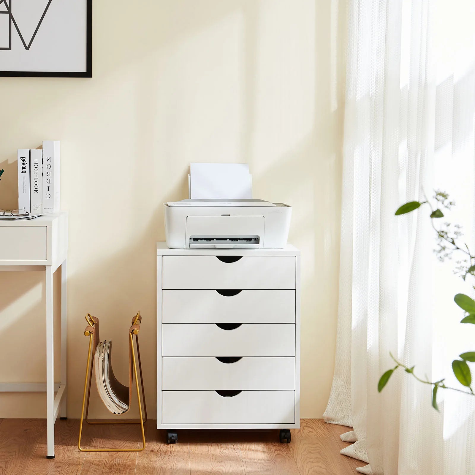 5 Drawer Rolling Nightstand Cabinet with Waterproof Top Surface