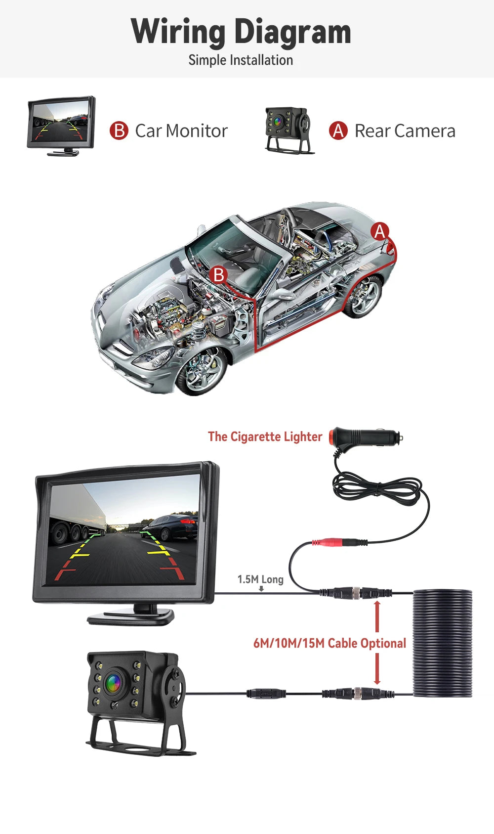 Câmara de Ré Universal com Monitor de 4,3, 5 ou 7 polegadas para Camioneta, Ecrã HD, LED, Visão Noturna, Impermeável para Estacionamento de Autocarros