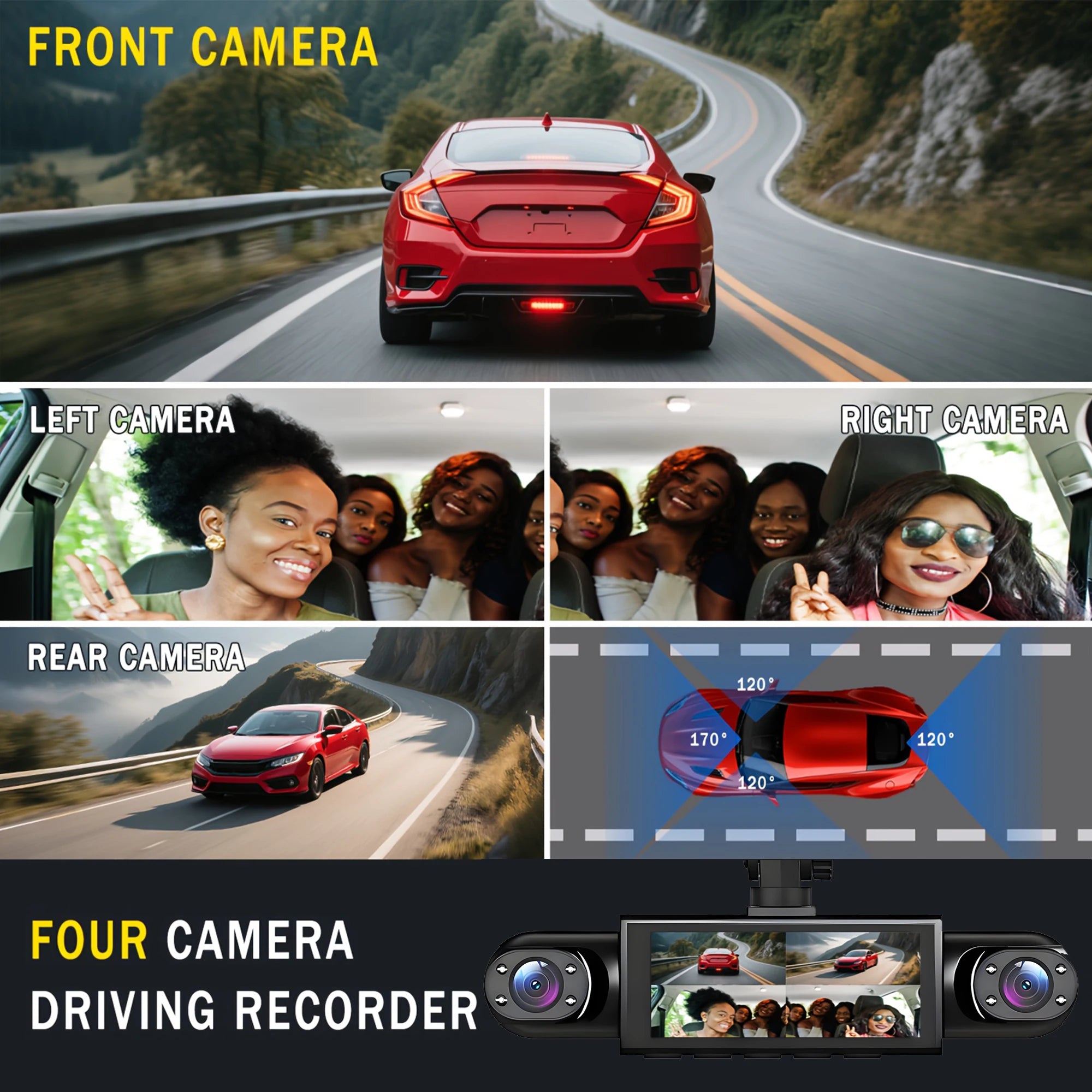 4 Channel Dash Cam 360° Car Video Recorder with Night Vision and Parking Monitor