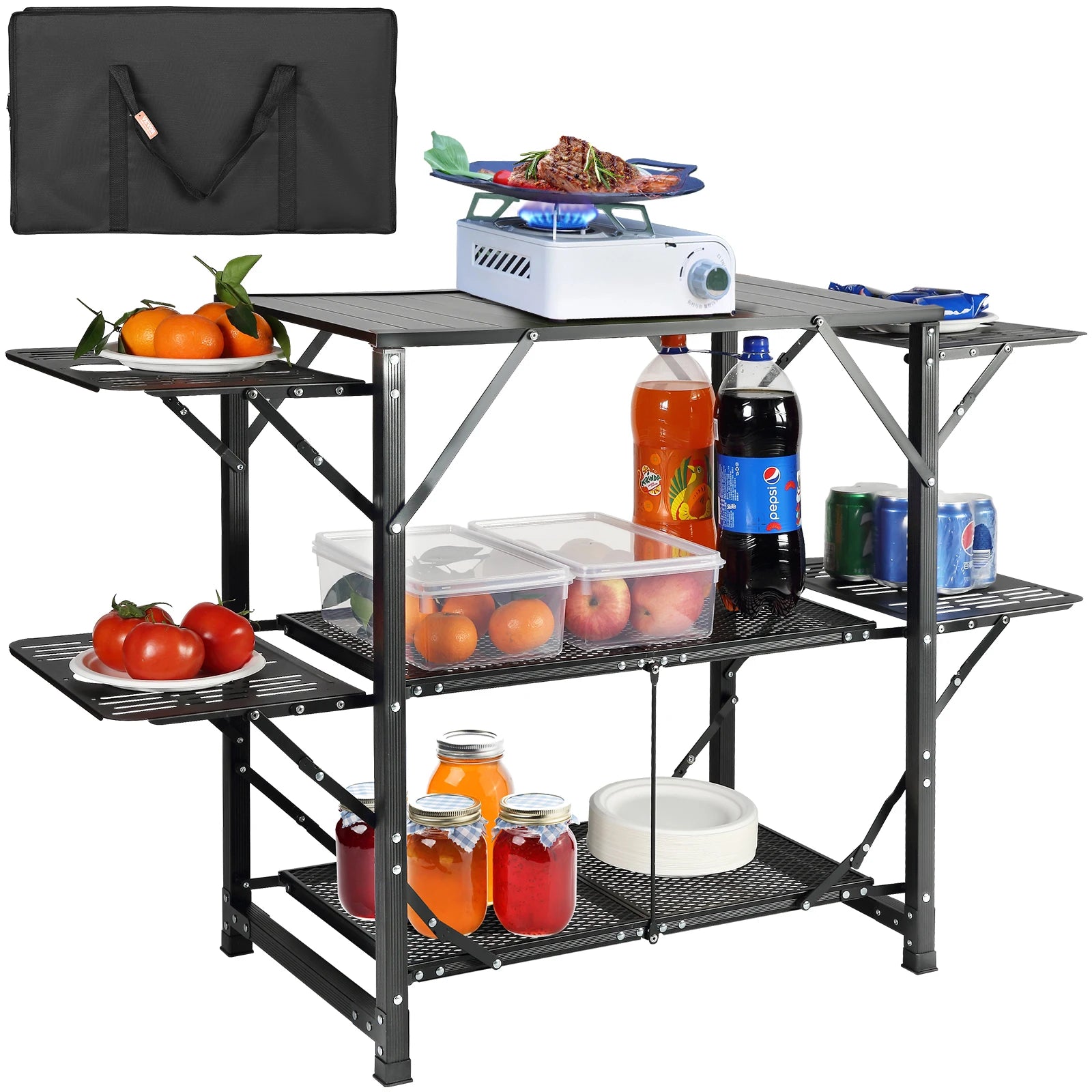 SucceBuy Camping-køkkentafel i ét stykke - sammenklappelig bærbar kogestation af aluminium til camping, udendørs picnics og BBQ