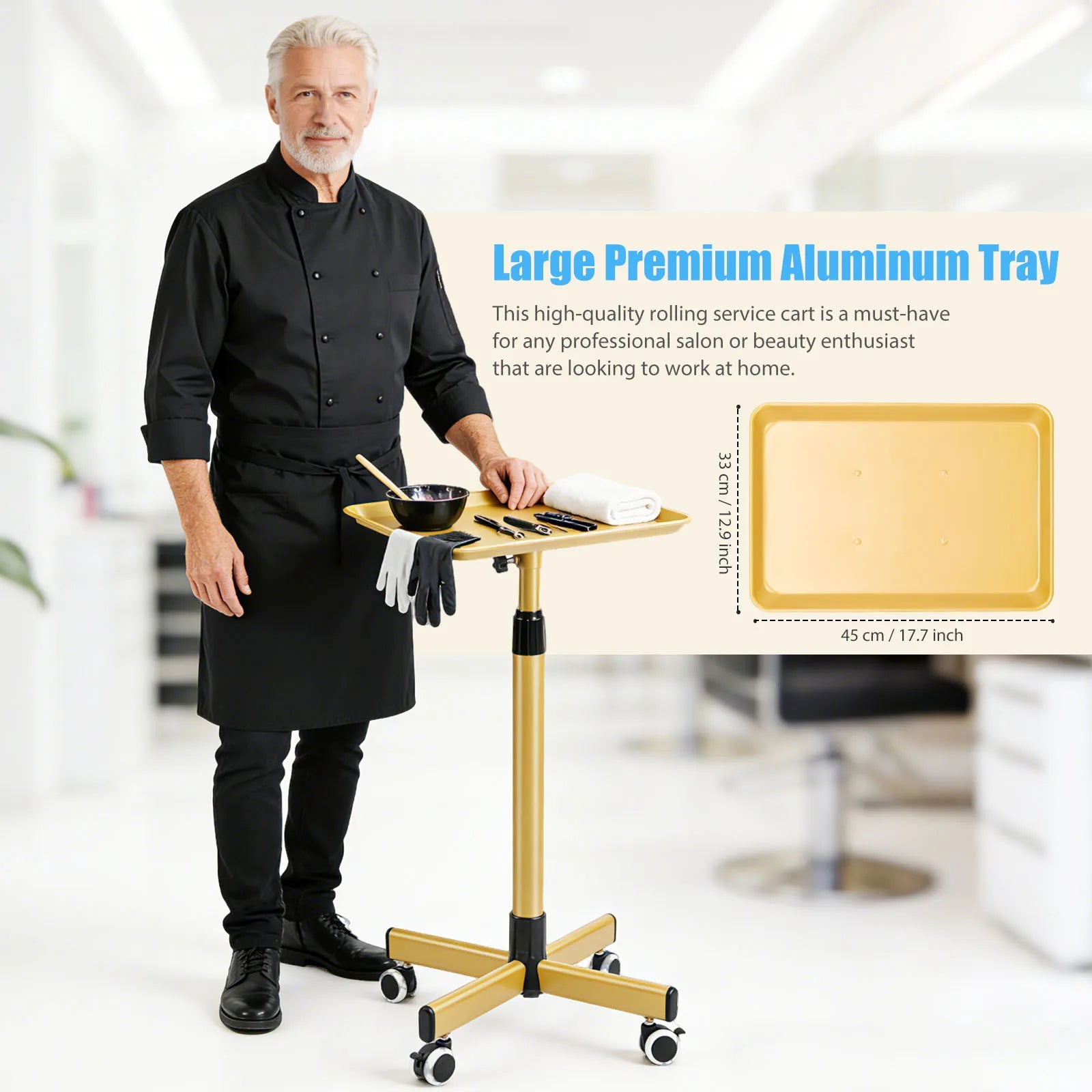 Carro de salón con altura ajustable, bandeja grande de aluminio y ruedas