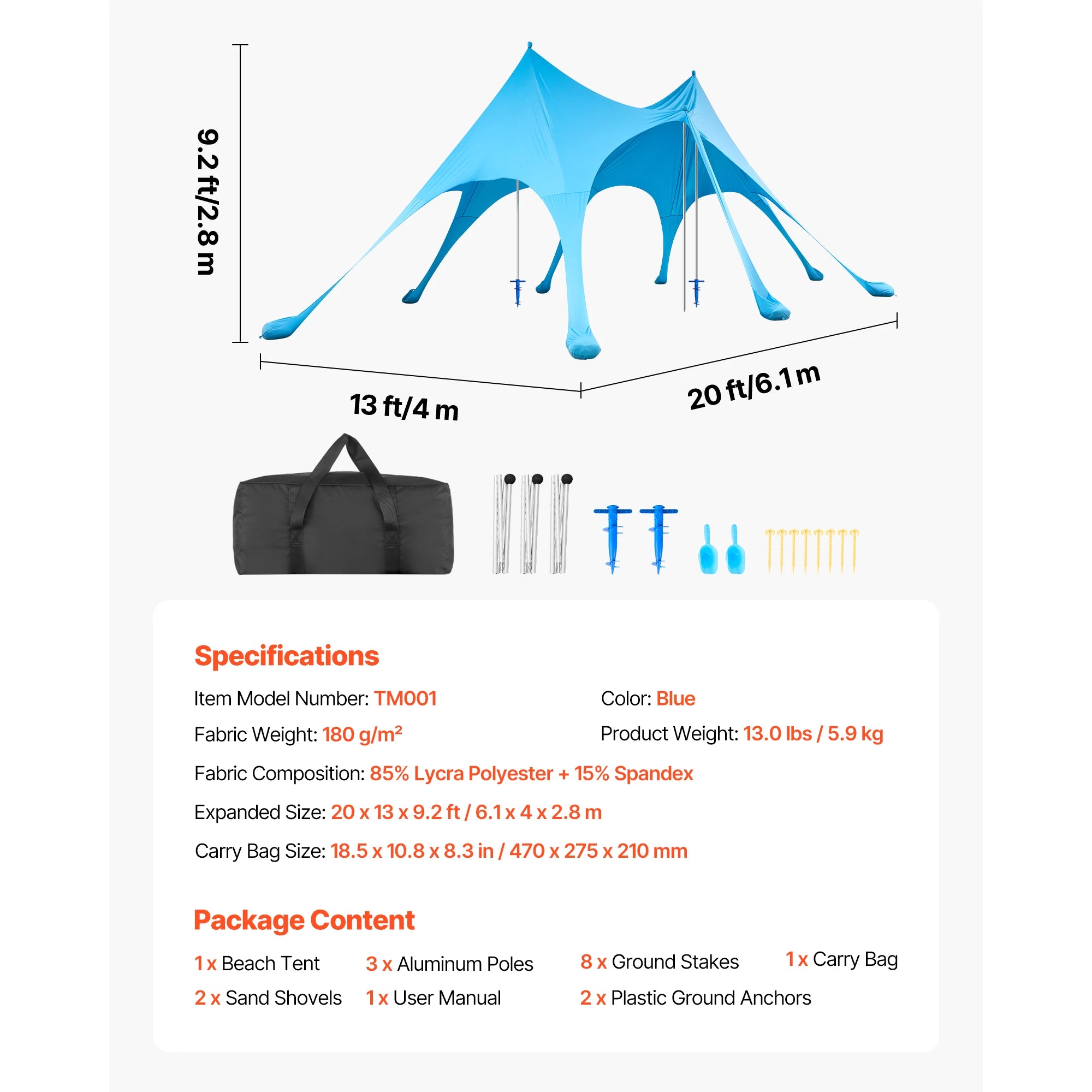 Tente de plage abri solaire UPF50+ auvent pop-up pour 3 à 4 personnes