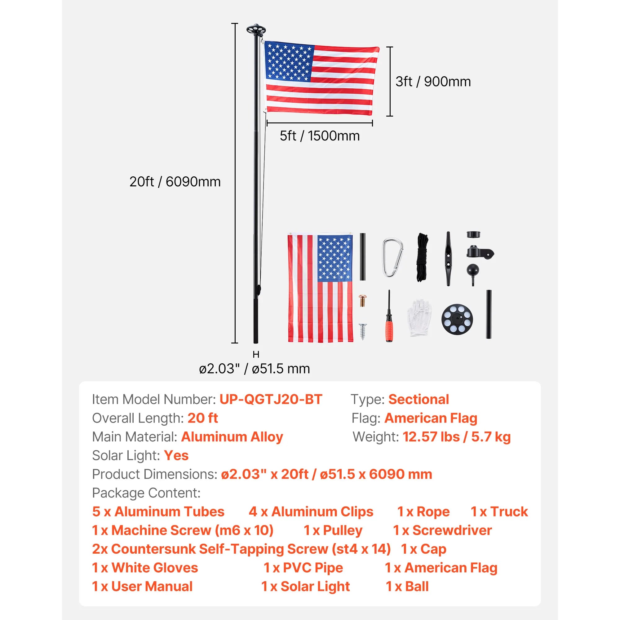 16/20/25/30ft In-Ground Aluminum Flag Pole Kit with Flag