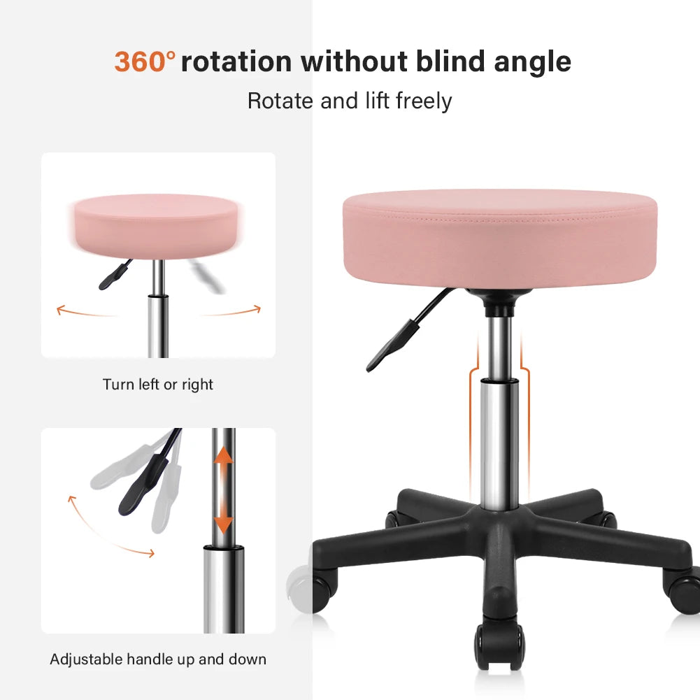 Adjustable Swivel Stool with Wheels Cushioned PU Seat Pink