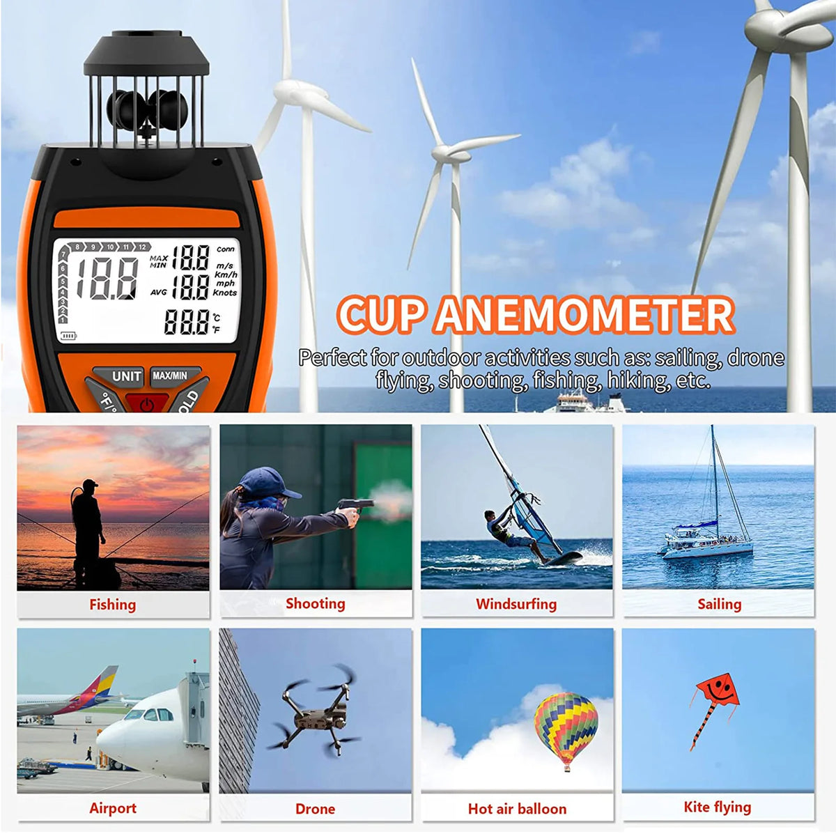 Cup Anemometer with Temperature Display