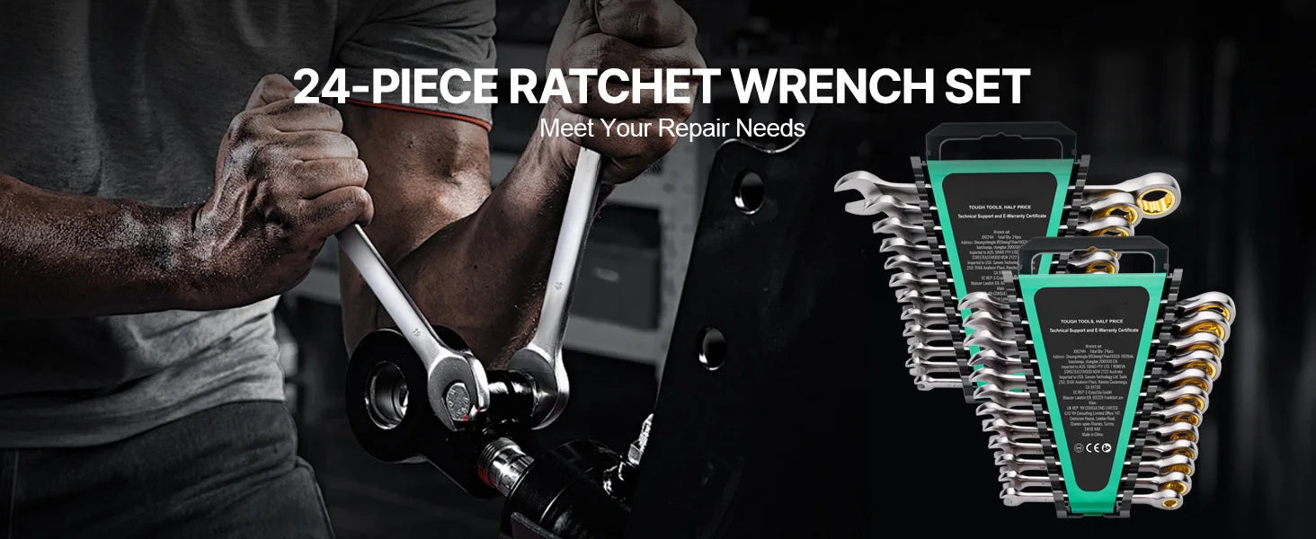 24-Piece Ratcheting Combination Wrench Set with Organizer Rack, SAE and Metric
