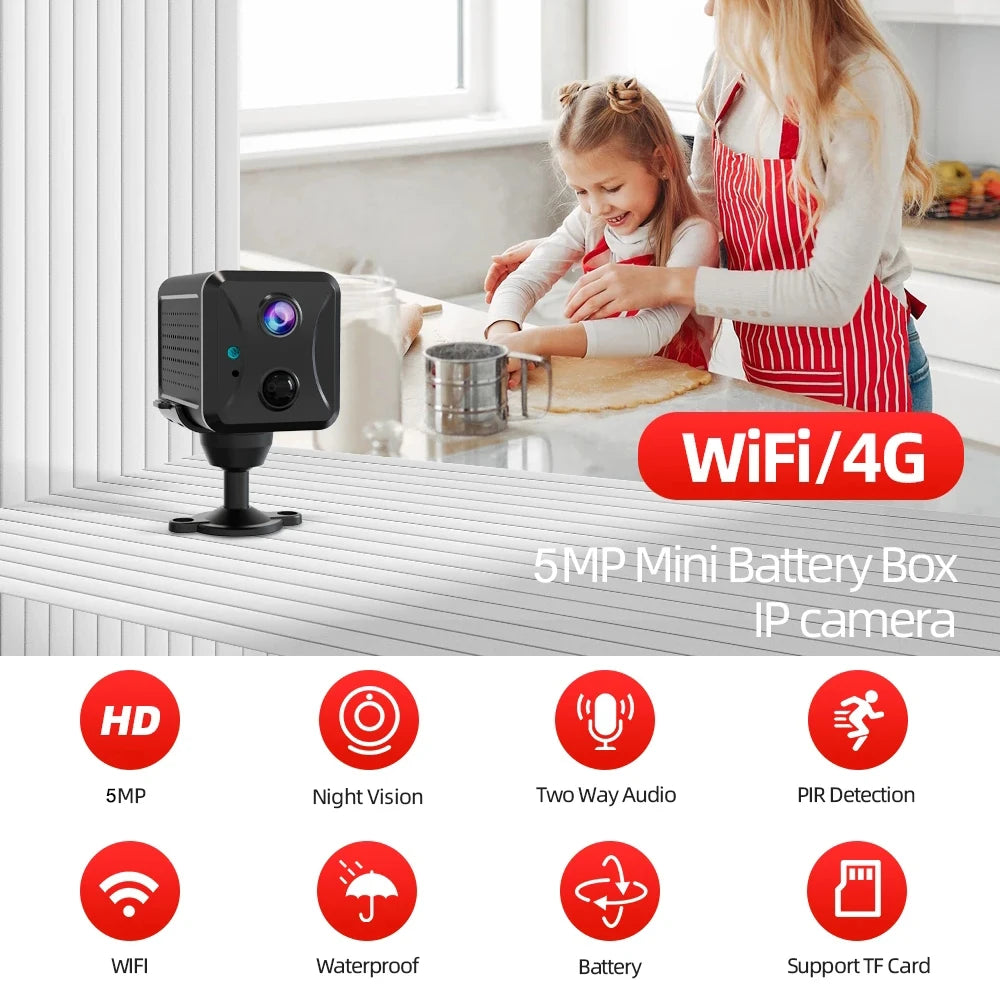 Mini 4G Security Camera with AI Detection, 5MP HD & Night Vision