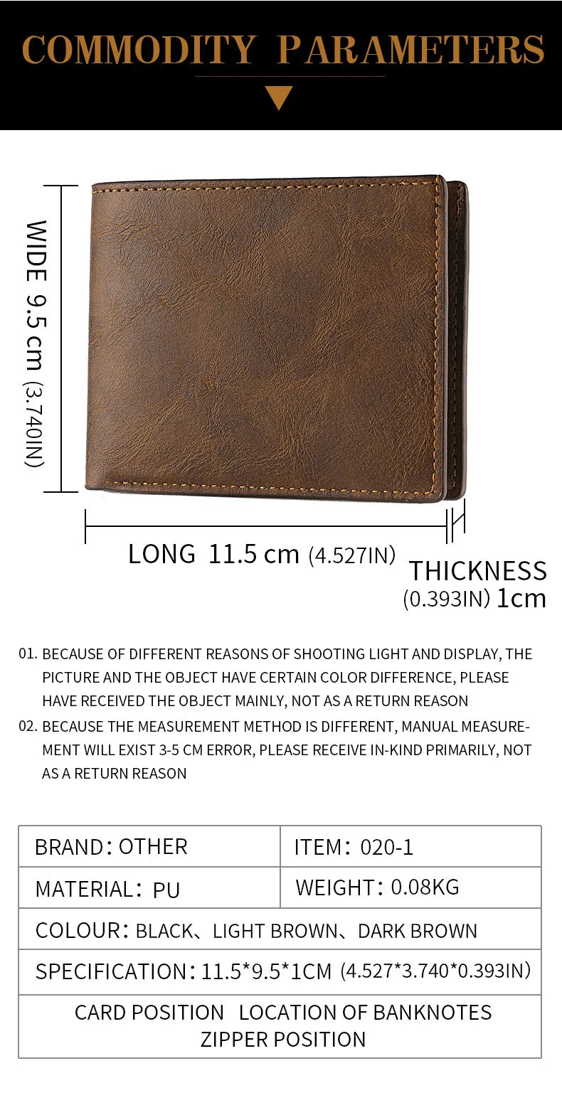 Cartera de cuero sintético PU bifold con compartimentos para tarjetas y billetes
