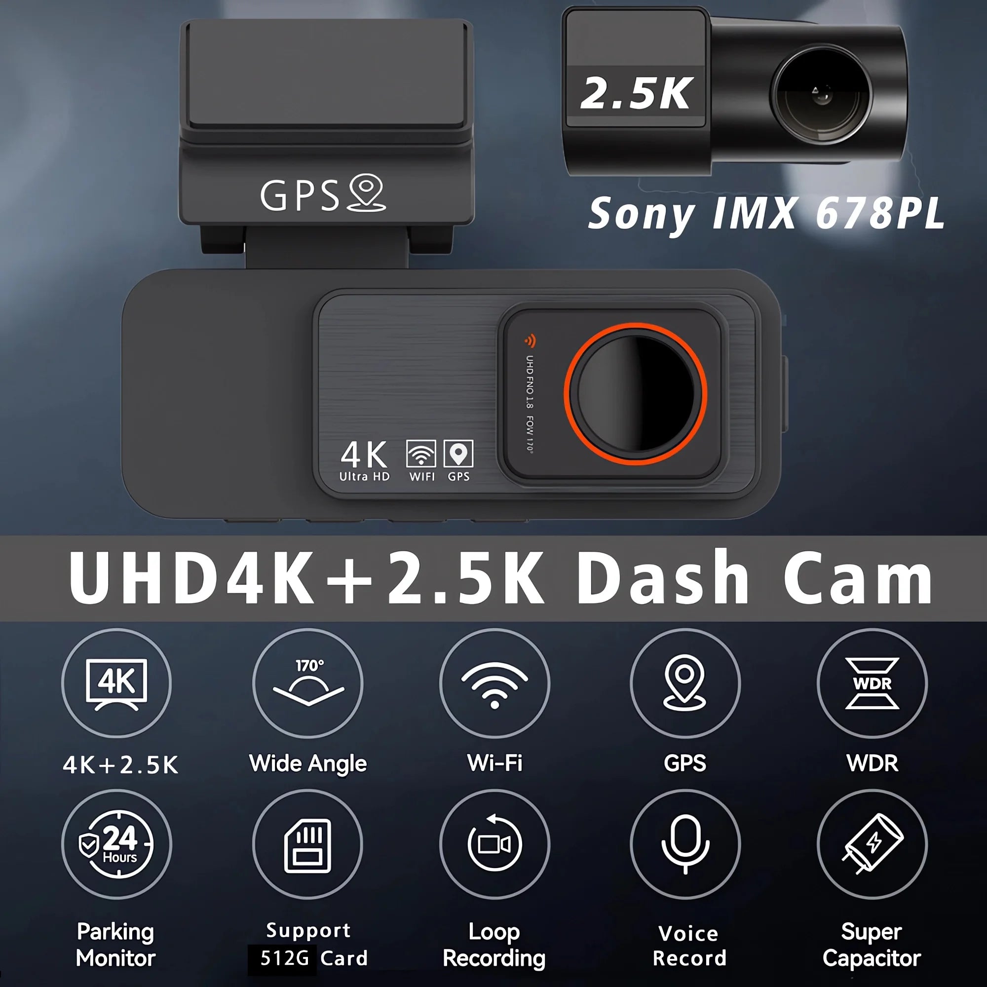 Dash Cam Dual Lens 4K UHD Recording Car Camera DVR Night Vision Video Recorder GPS Wi-Fi Room Black Box 2.5K Rear View Camera 