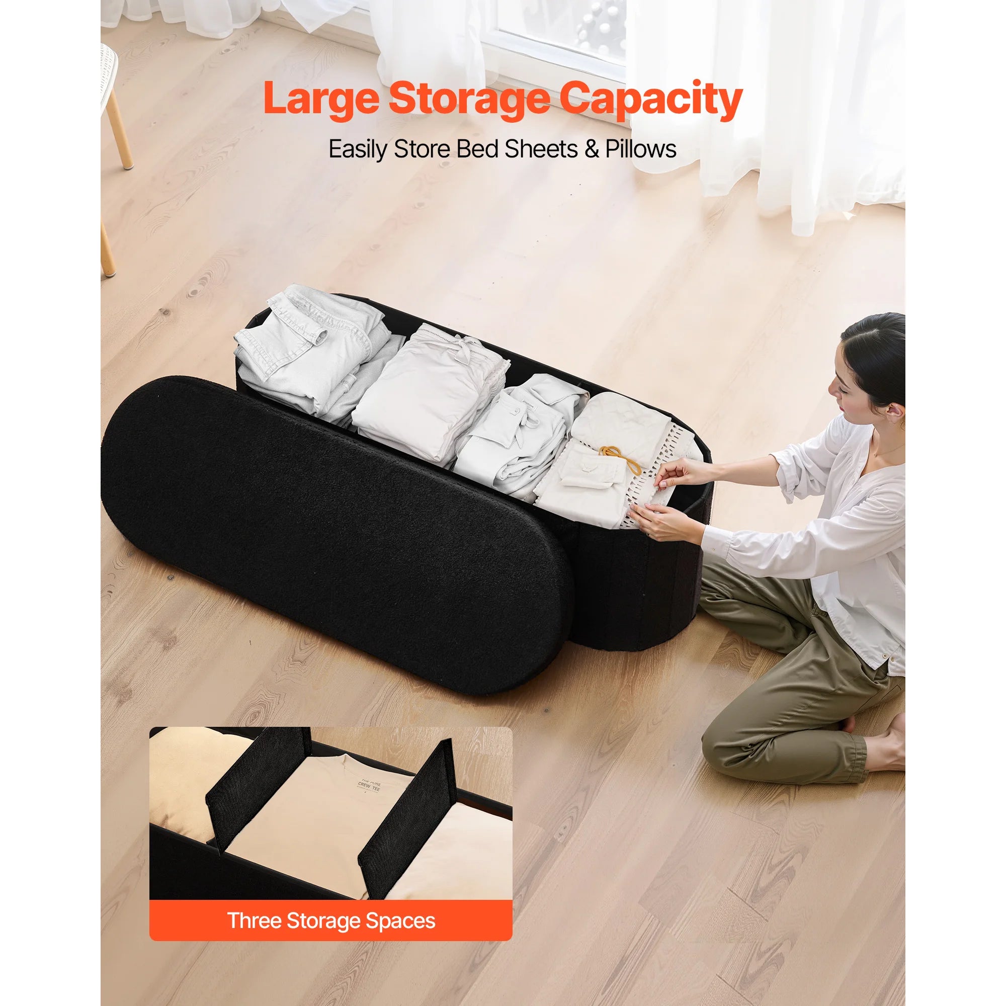 Foldable Storage Ottoman Bench with Hidden Compartments, 660lb Support