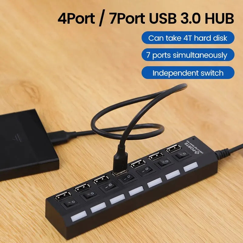 7 port USB 2.0 hub egyedi kapcsolókkal