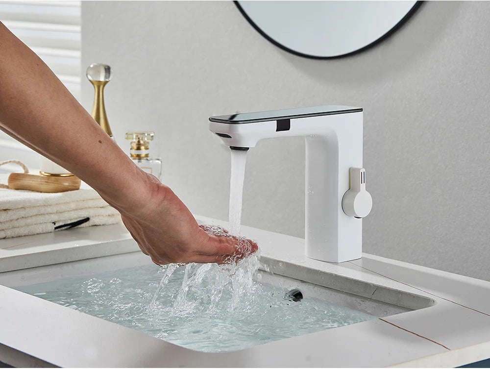 White Smart Sensor Basin Faucet Screen Digital Display Hot Cold Water Mixer Tap Touchless Vanity Sink Faucet For Bathroom 
