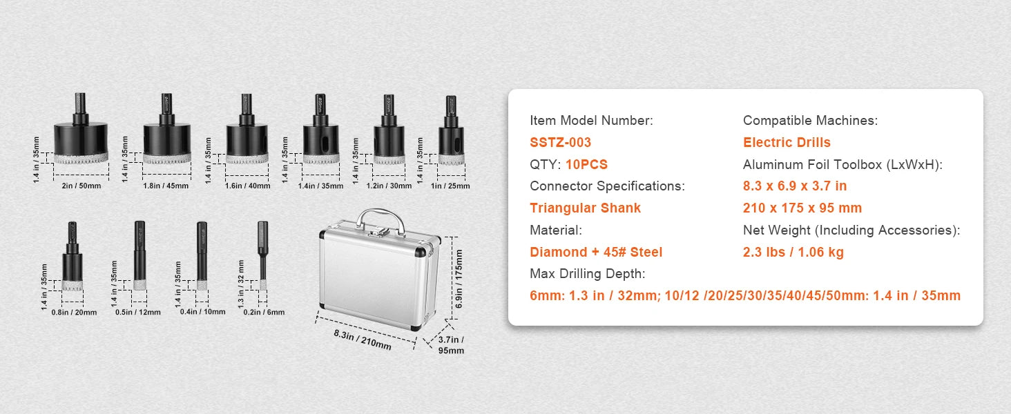 Diamond Core Drill Bit Set for Tile, Granite & Stone (6–11 PCS)