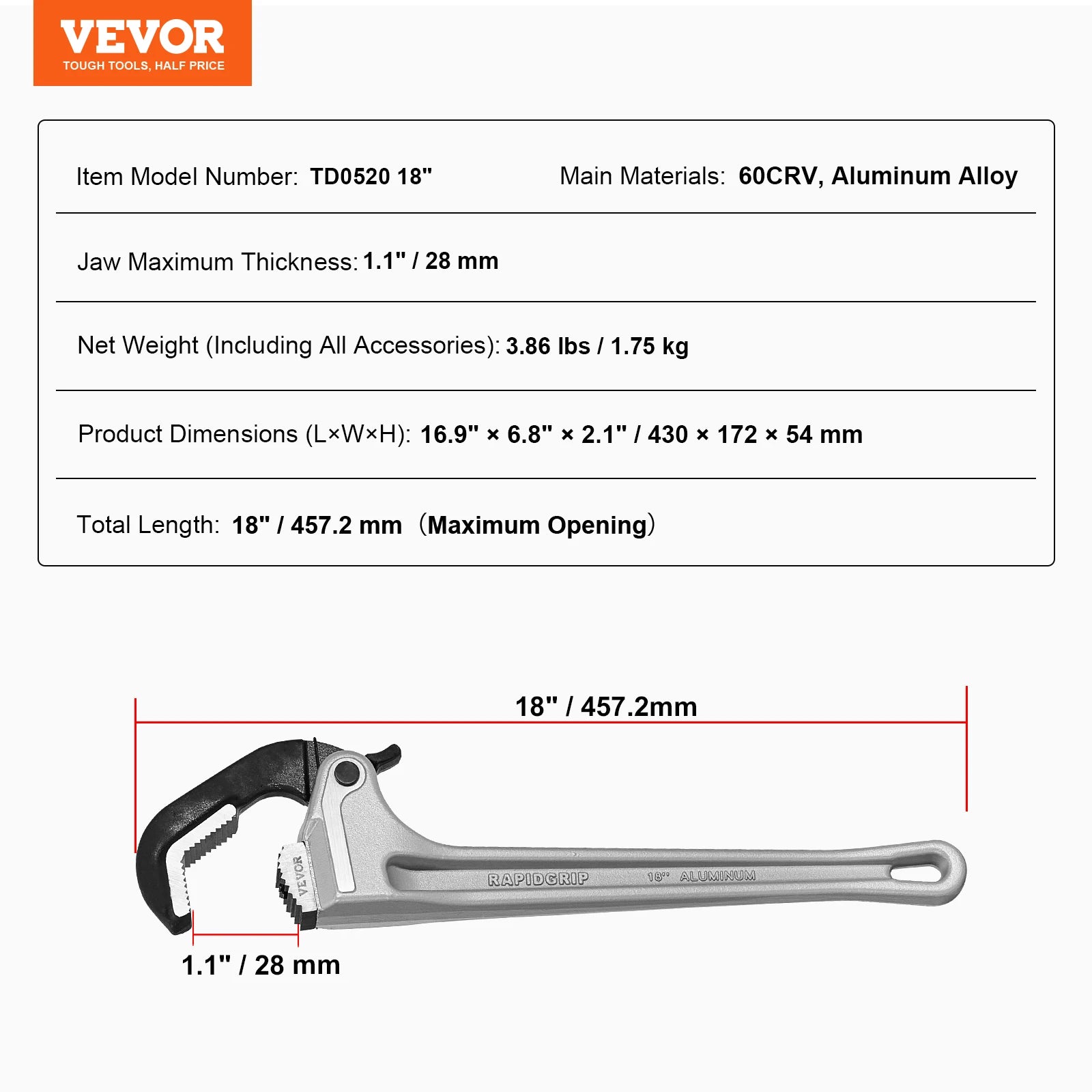 18" Aluminum Pipe Wrench with Automatic Jaw Adjustment