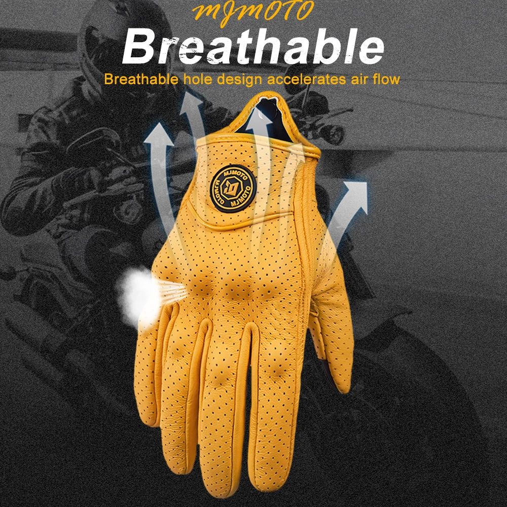 Retro Yellow Leather Motorcycle Gloves Men Women Breathable Perforated Motorbike Racing Gloves Touch Screen Motocross Moto Glove 