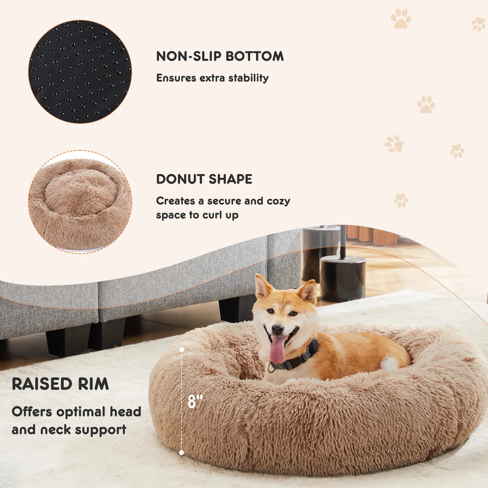 Calming Plush Dog Bed with Non-Slip Base – Washable Round Pet Bed