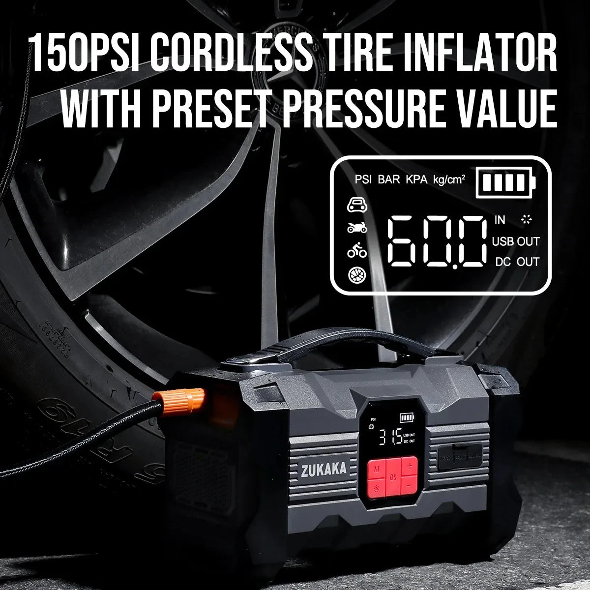 26800mAh Jump Starter with Air Compressor 1000A/1500A PEAK  Booster Tyre Inflator Portable Car Battery Power Bank Charger Air Pump,with LCD Display, Jump Starter Power Bank  (All Gas/ 8.0L Diesel), LED Light, Design for Cars,
