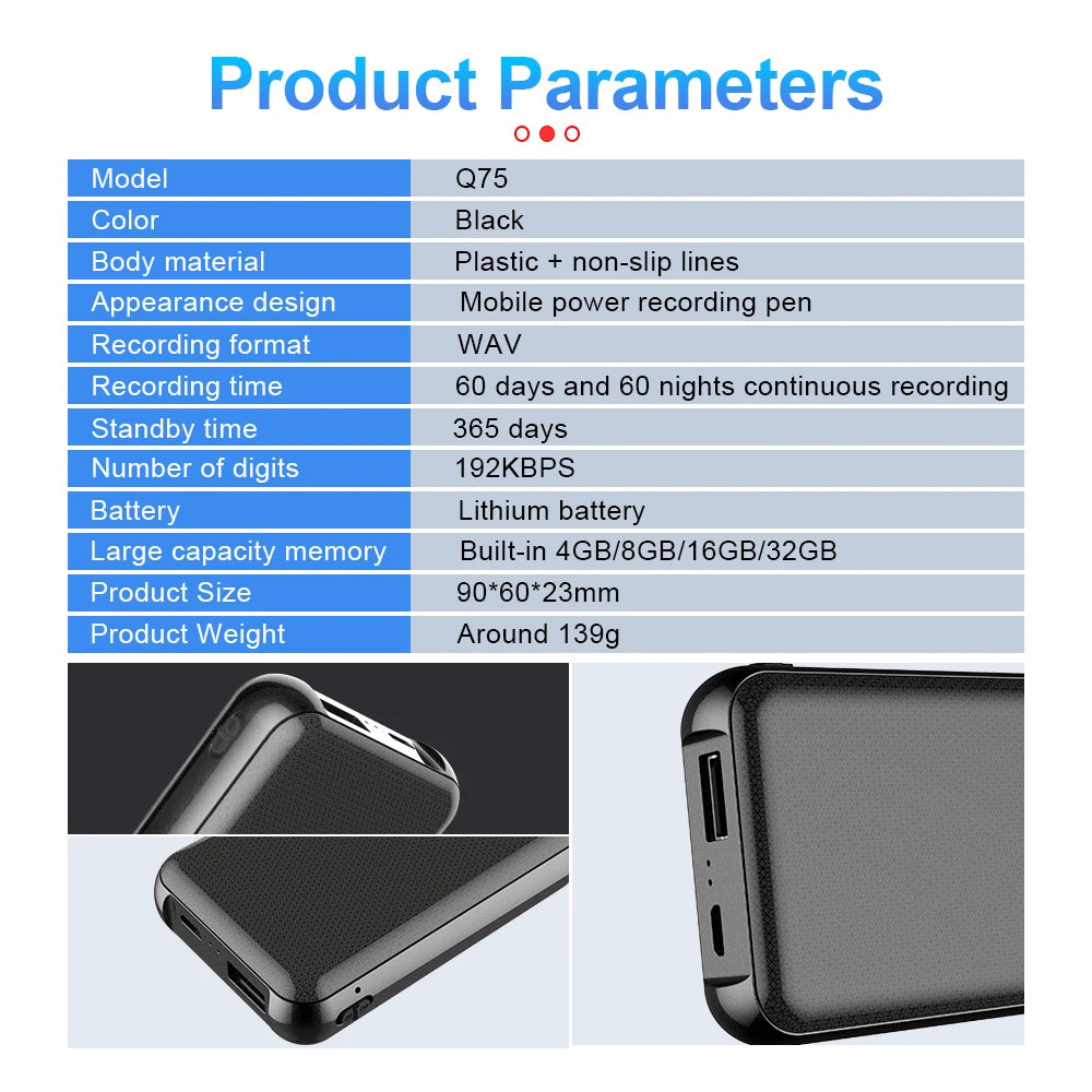5000mAh Mini Power Bank Recorder Digtal Voice 8/32G Sound Record Activated Professional Large Capacity Storage MP3 Recording Pen