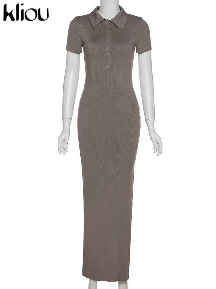Kliou Elegant Office Lady Maxi Dress Women Solid Fashion Turn-down Collar Short Sleeve Button Side Slit Body-Shaping Street Robe 