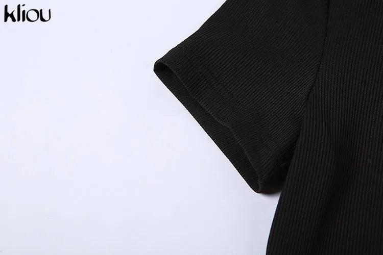 Kliou Elegant Office Lady Maxi Dress Women Solid Fashion Turn-down Collar Short Sleeve Button Side Slit Body-Shaping Street Robe 