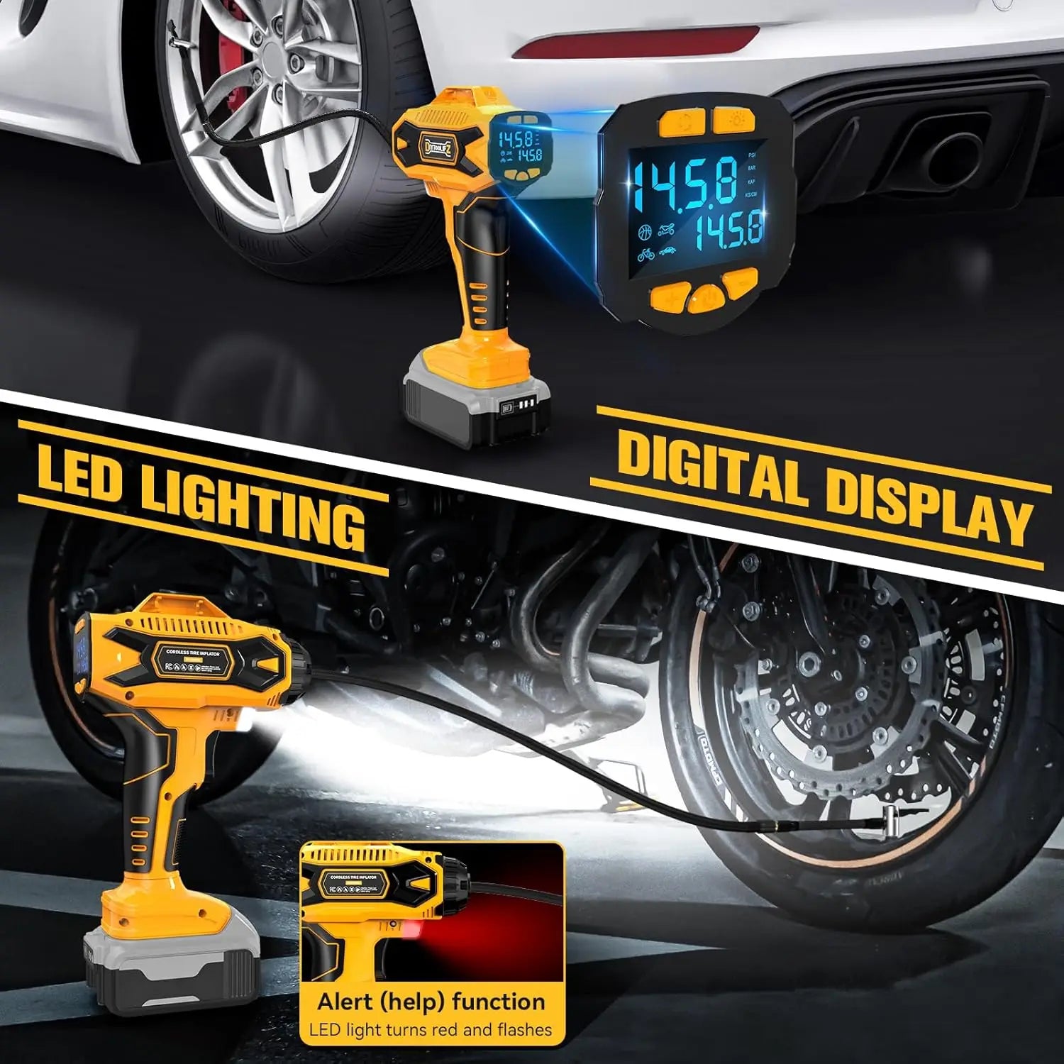 Cordless Digital Tire Inflator Kit for Dewalt 20V Batteries