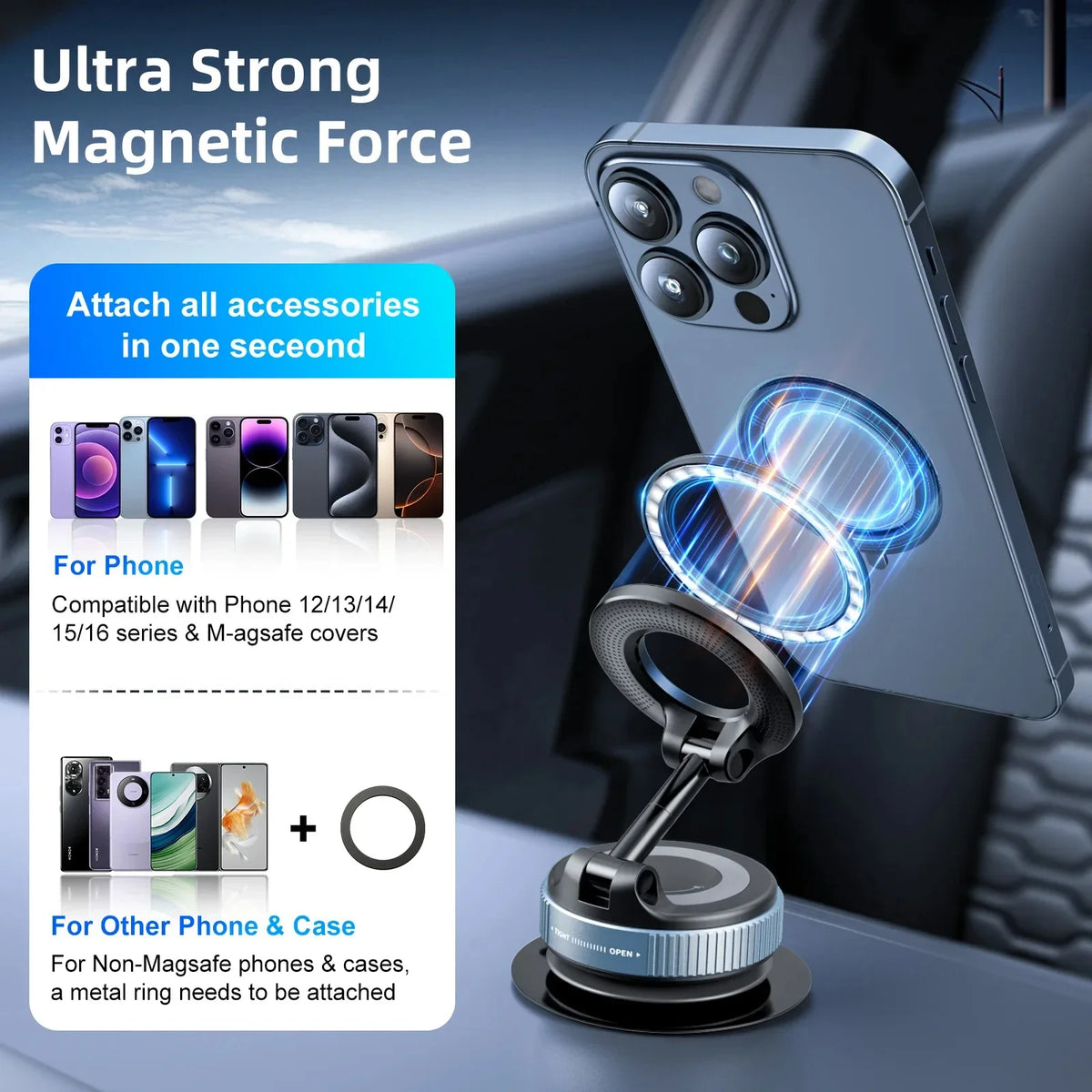 Support magnétique pour téléphone de voiture Ventouse mécanique Pivot 360° Adsorption magnétique Support universel de navigation