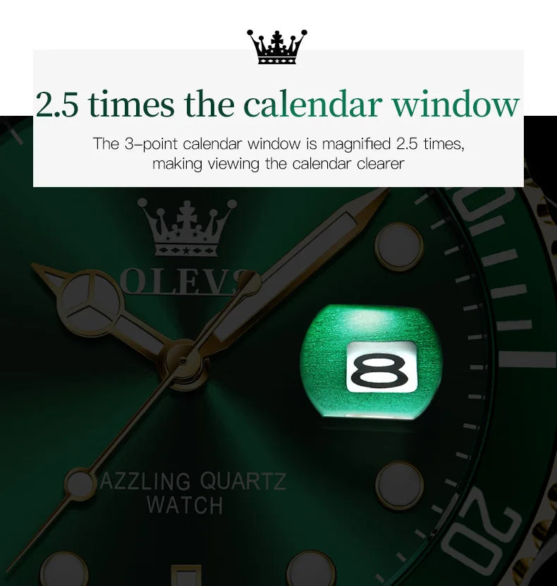 OLEVS Top Original Men Quartz Watch Green Waterproof Watch for Men Stainless Steel Quartz Men Luxury Watch Luminous Wristwatch 