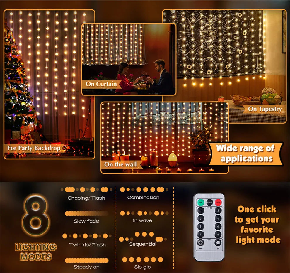 USB LED světelný závěs s dálkovým ovládáním, 8 režimů