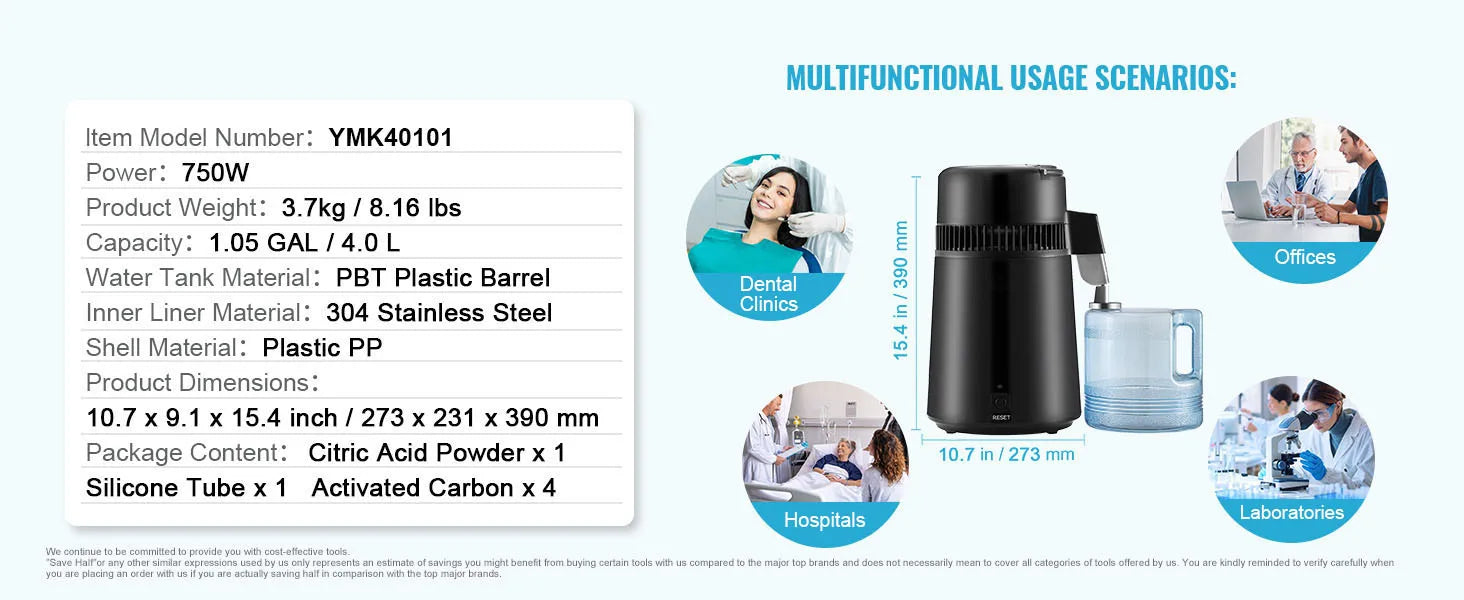 4L Countertop Water Distiller 750W Stainless Steel Purifier