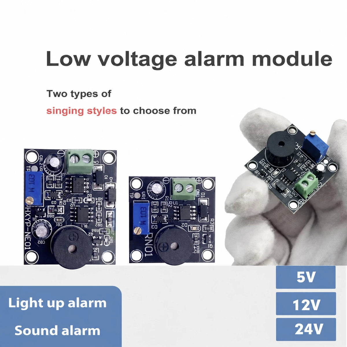 Alarmmodul til lavspændingsbatteri, 5 / 12 / 24 V-varianter
