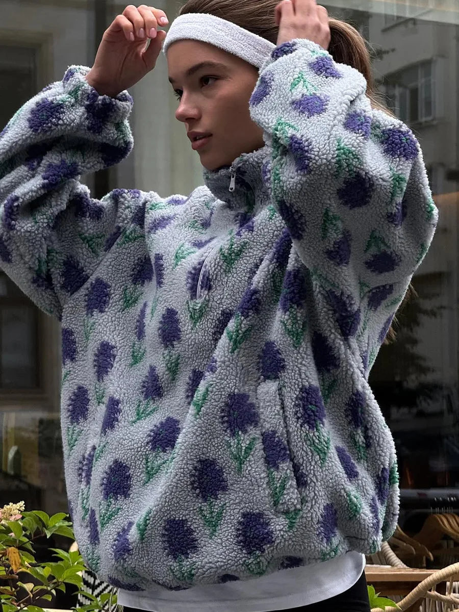 Damfleece med halv dragkedja, lös passform, jacquardtröja