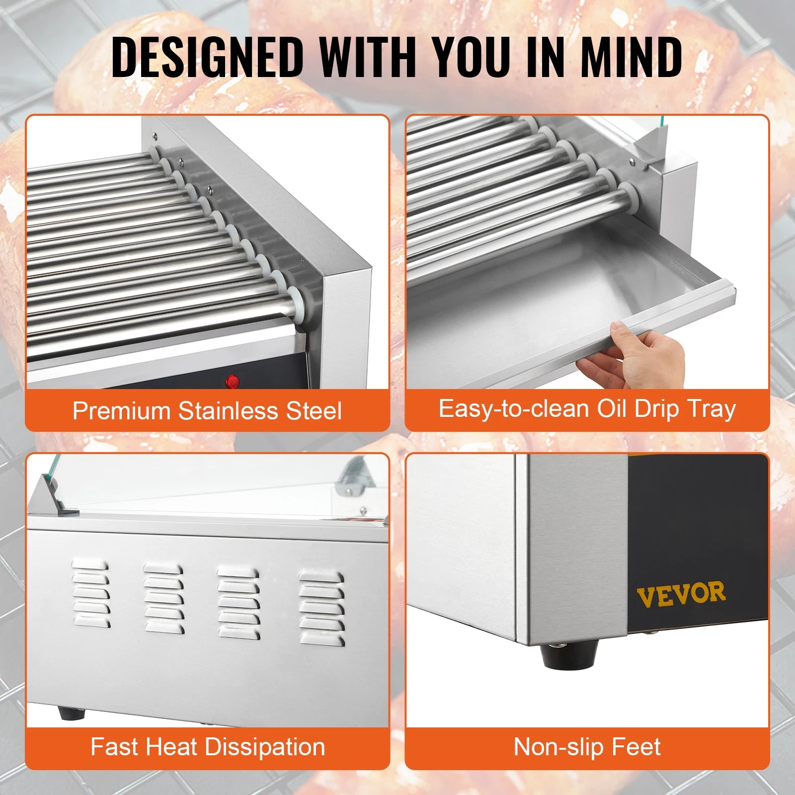 Commercial Hot Dog Roller Grill – 5, 7 or 11 Rollers for Fast Even Cooking