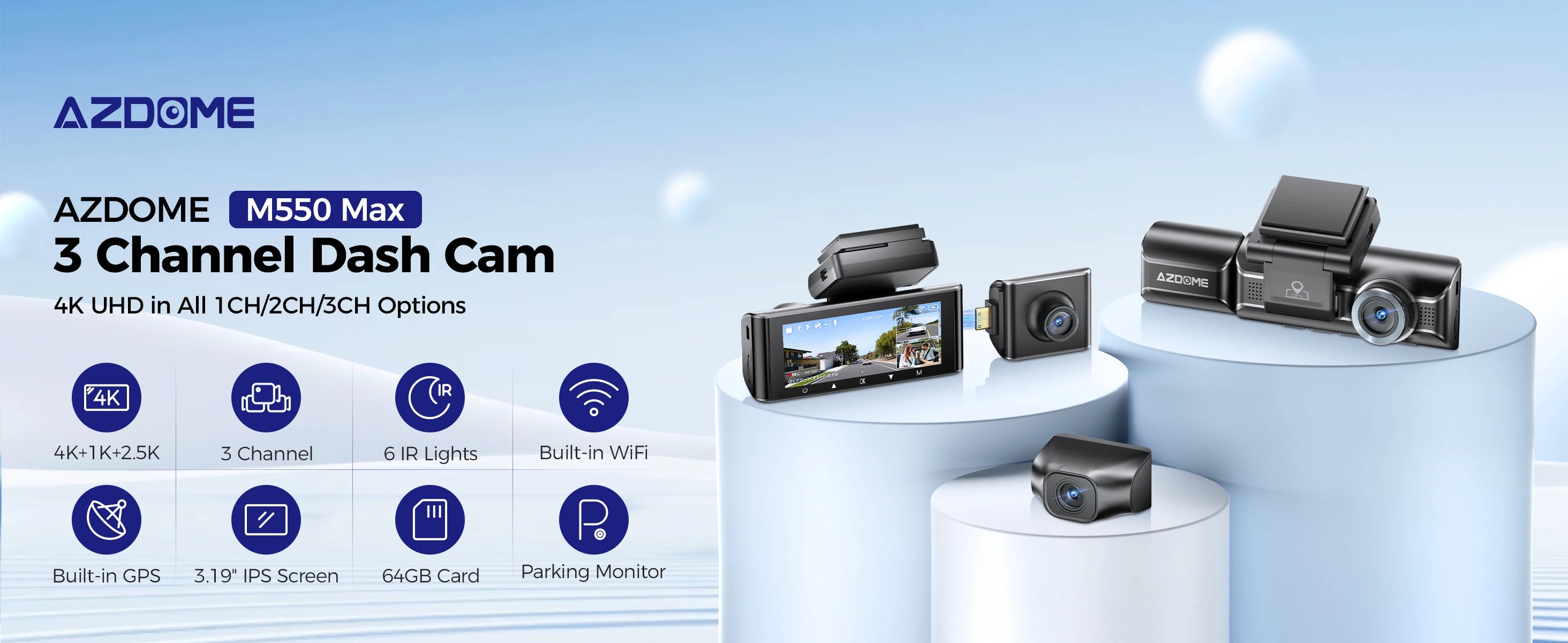 4K 3 Channel Dash Cam with WiFi, GPS, IR Night Vision and Parking Mode
