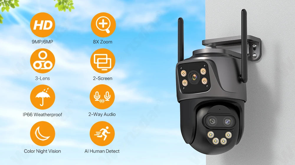 6K 9MP WiFi Outdoor PTZ Security Camera with Dual Screen, Three Lens, 8x Zoom