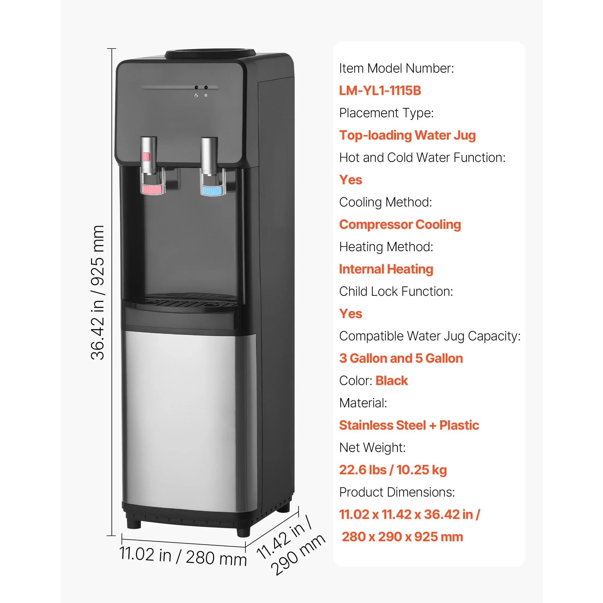 Top Loading Hot and Cold Water Dispenser for 3 or 5 Gallon Bottles