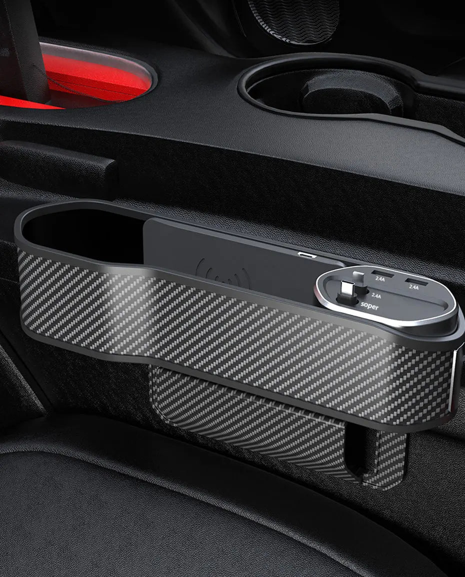 Car Seat Gap Organizer with Wireless Charging and Storage Box