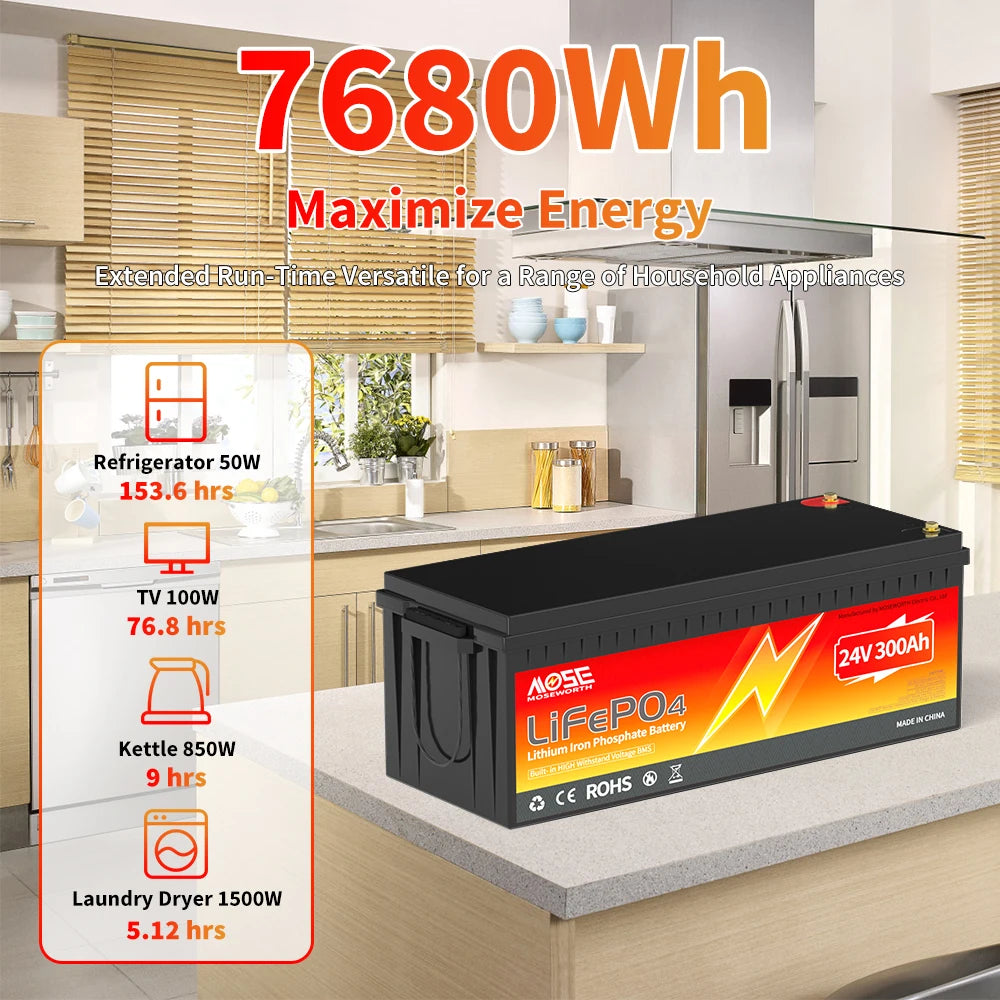 24V 300Ah LiFePO4 Battery 7680Wh with 200A BMS