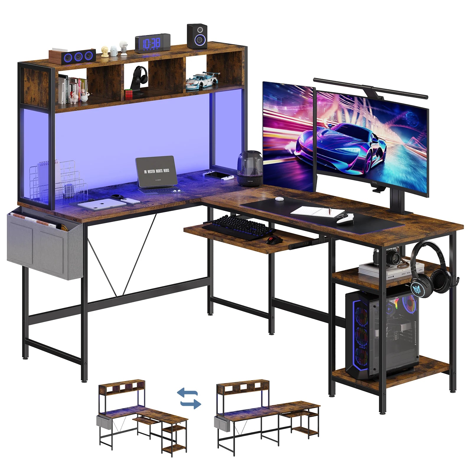 67" L-Shaped Gaming Desk with LED Lights & Keyboard Tray