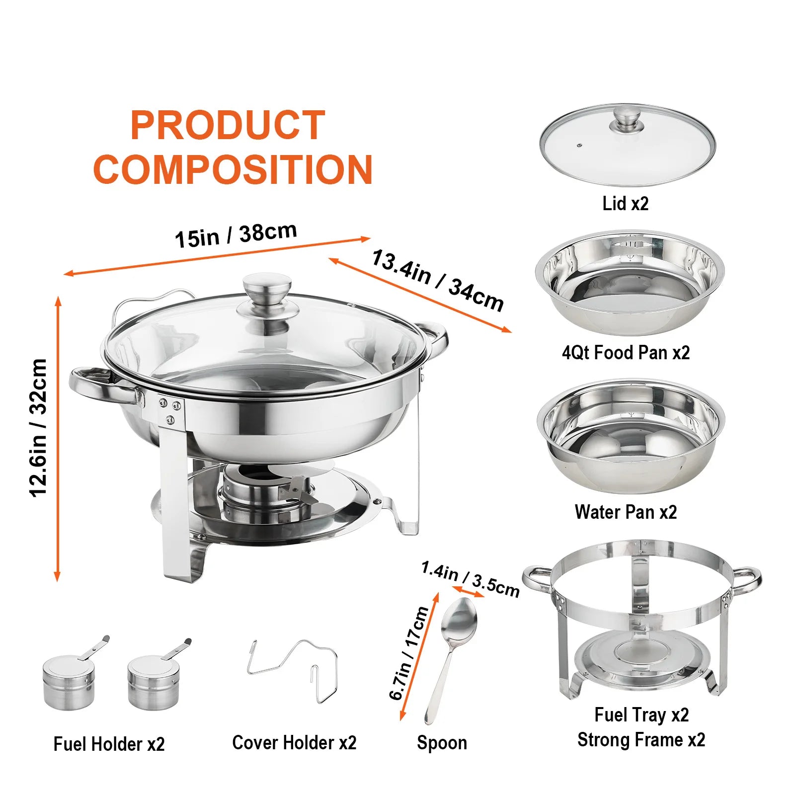 4 Qt Round Chafing Dish Buffet Set with Glass Lid (2 Pack)