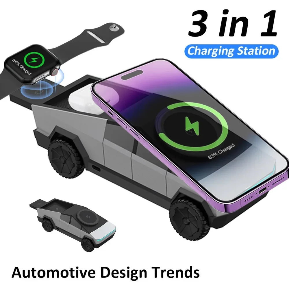 Desktop Cybertruck 3 in 1 Magnetic Fast Wireless Charger Phone Stand For IPhone 16 15 Pro Max, Apple & Samsung Watch Airpods Pro 