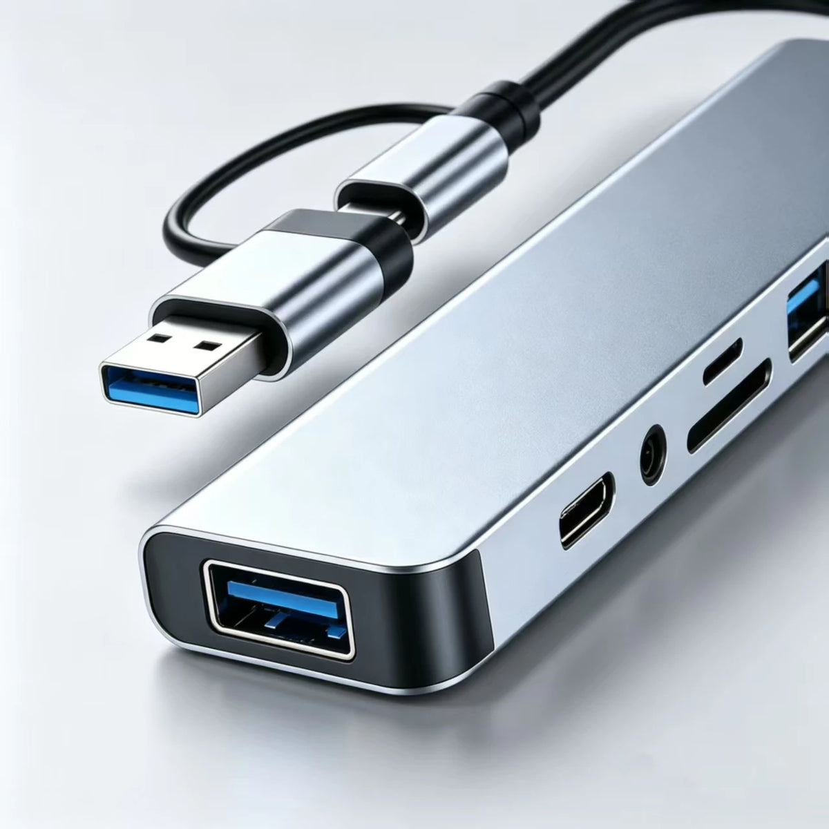 USB-C-hubadapter 8-i-2, USB-C- og USB-A-kontakter med to grensesnitt, dokkingstasjon med flere porter til bærbar PC og stasjonær PC