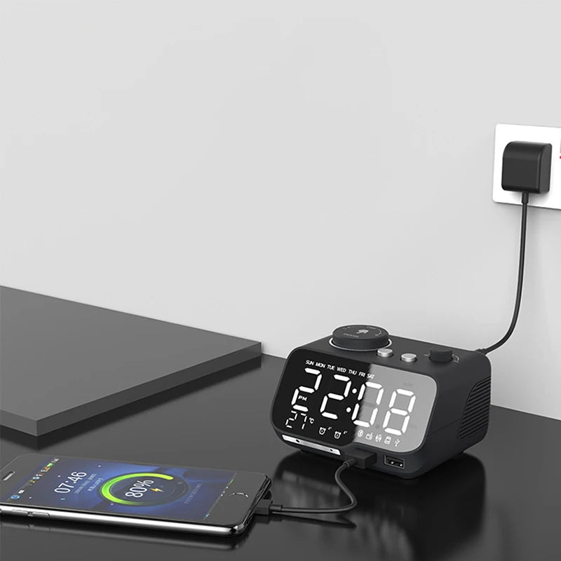LED Alarm Clock Bluetooth Speaker with FM Radio & USB Charging