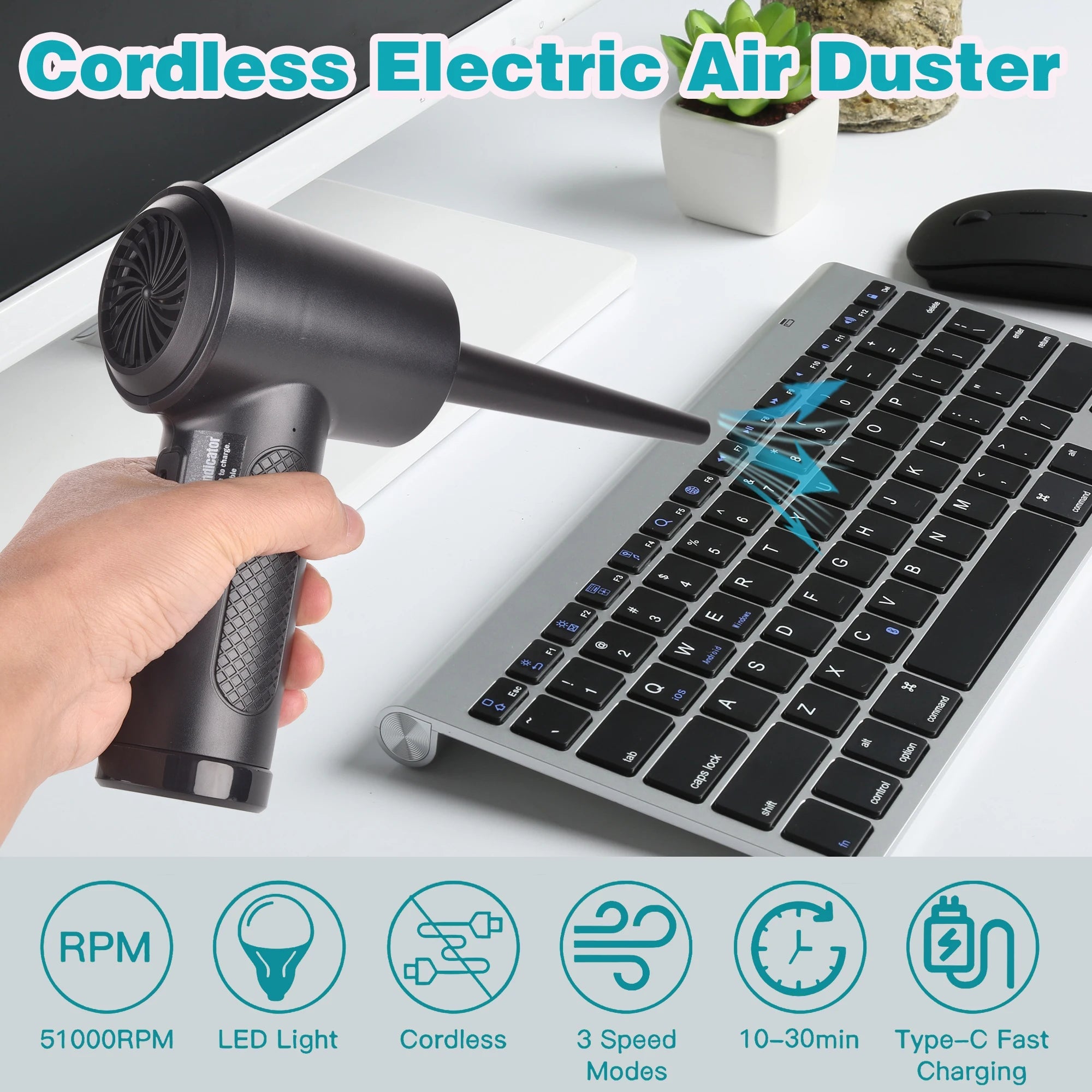 Protable Air Duster for Computer Cleaning 51000RPM Cordless Compressed Air Blower with LED Light for PC computers Keyboard Clean 