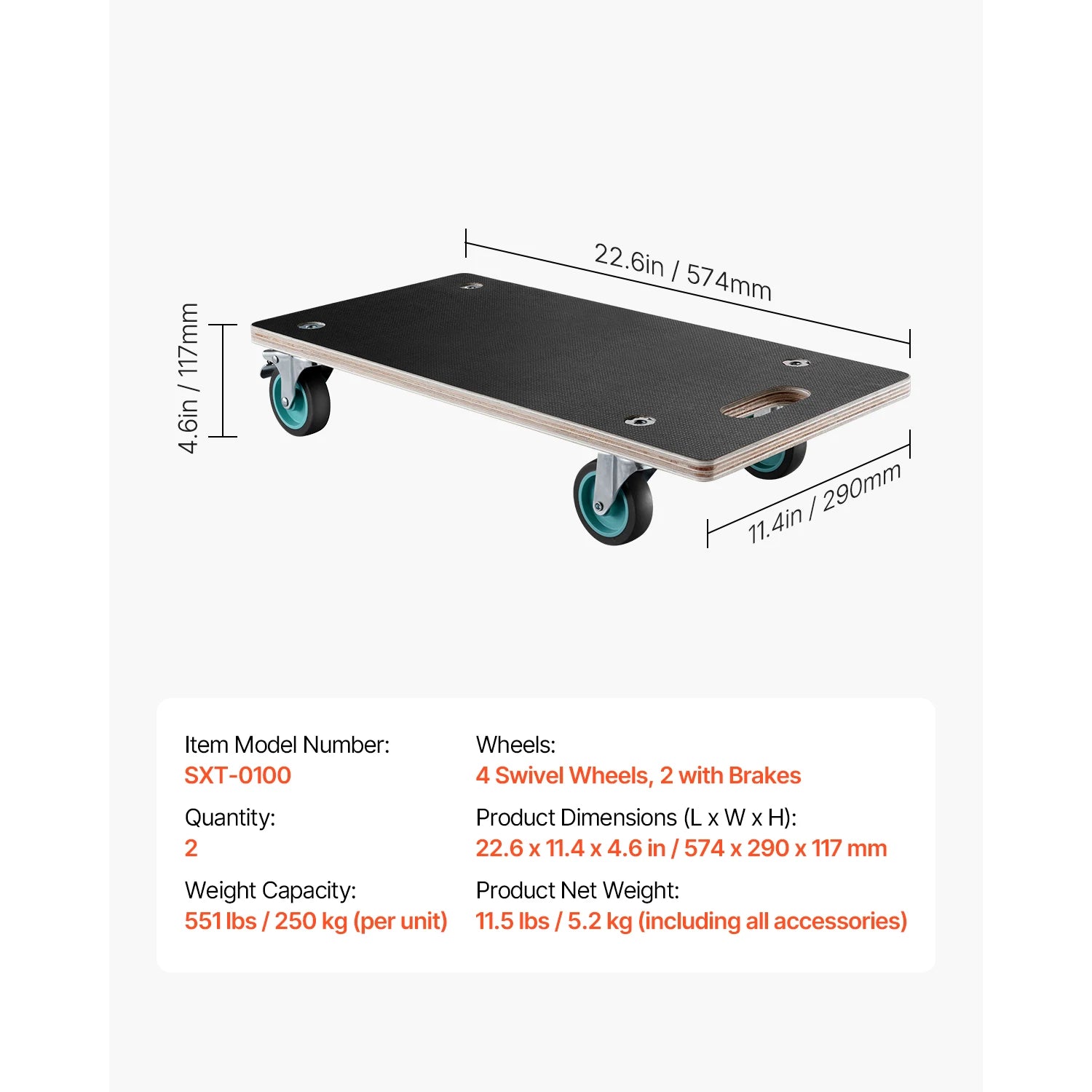 SucceBuy Conjunto de 2 Carrinhos para Mover Móveis com Rodas 4TPR, Carrinho Retangular Plano para Piano e Máquina de Lavar