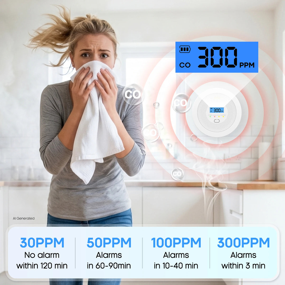 LCD Display Carbon Monoxide Alarm, 85dB CO Detector