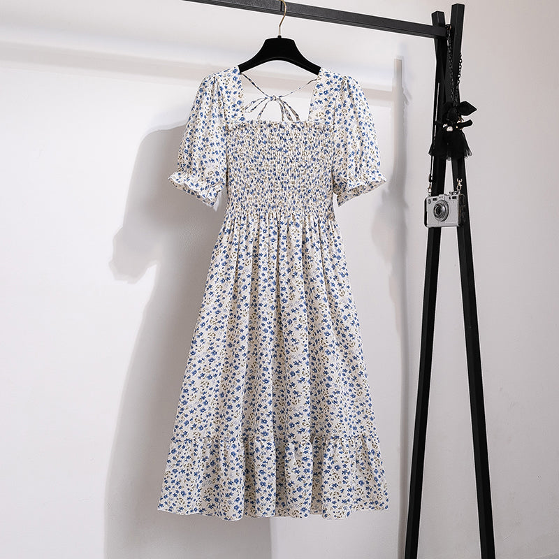 Summer Pleated Women Chiffon Dresses Casual Beach Holiday Short Sleeve Square Collar Woman Midi Dress Bohemian Mujer Vestidos 