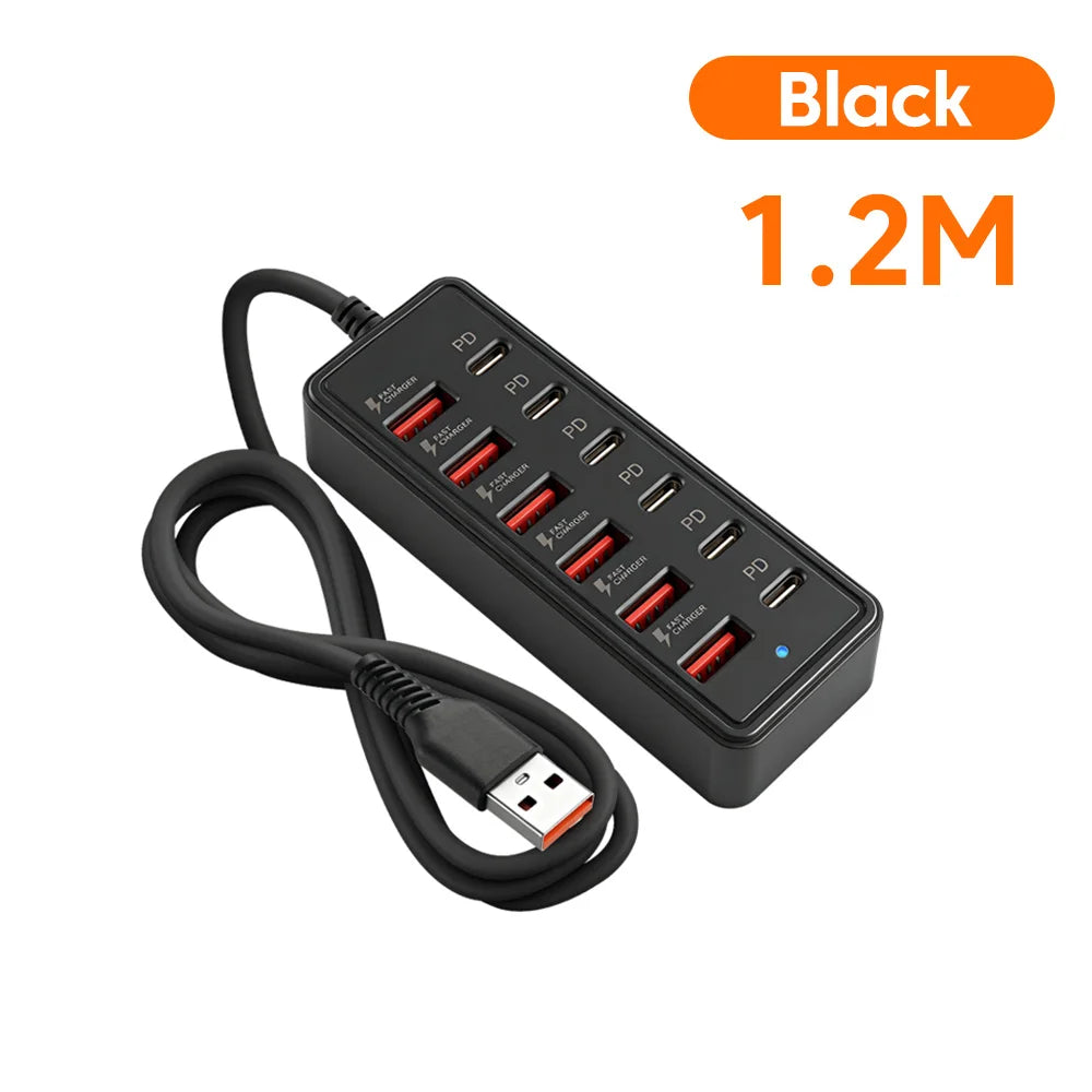 Σταθμός φόρτισης USB 12 σε 1, 6 USB-A, 6 USB-C, ταχυφορτιστής πολλαπλών θυρών, πολύπριζο με καλώδιο HUB για το σπίτι και το γραφείο
