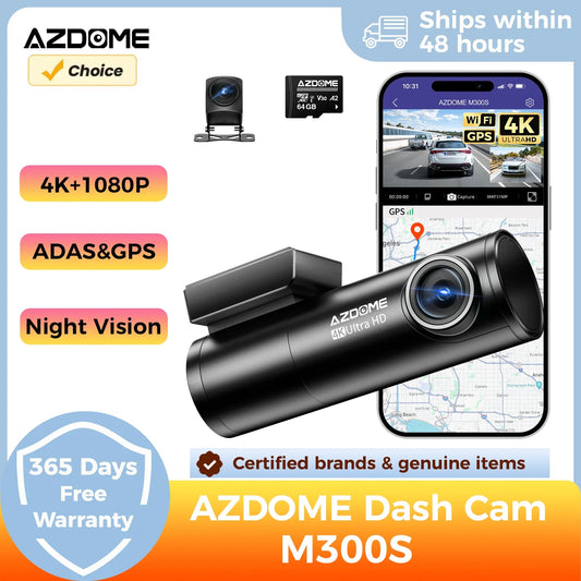AZDOME Dash Cam M300S 4K+1080P Dual Dash Car Camera Built-in WiFi GPS ADAS Car DVR 24H Parking Mode Night Vision Black Box Spy-shop.com
