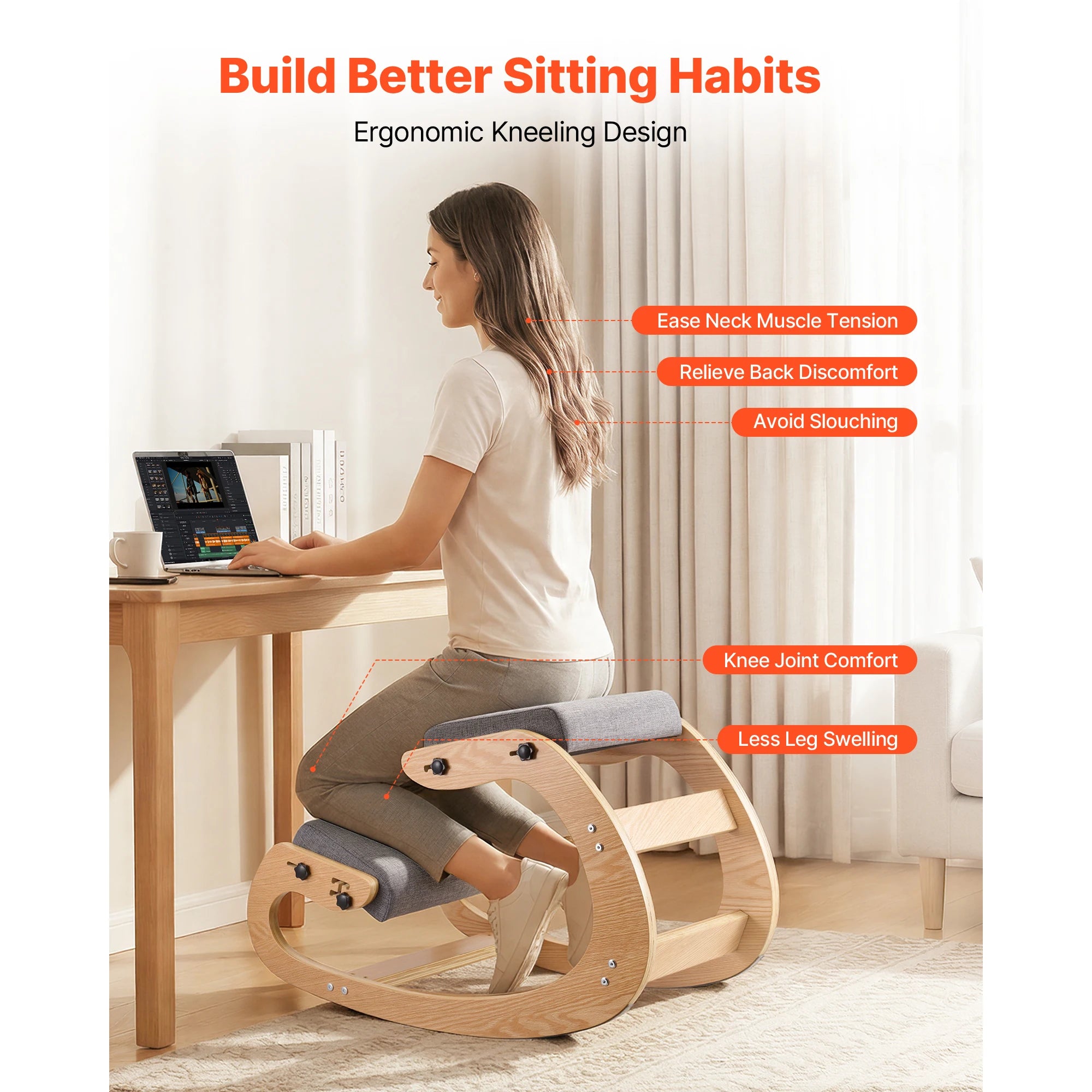 Sedia Ergonomica a Ginocchio con Struttura in Legno e Cuscini Spessi