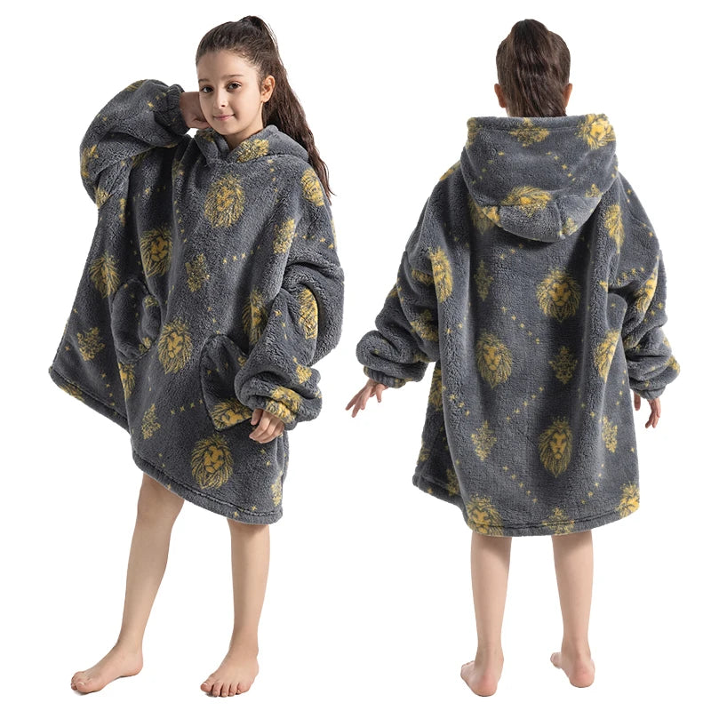 Girls Winter Clothes Flannel Thick Hoodies Super Warm Children's Sweaters Kids Hooded Loose Clothing Homewear Wearable Blankets 